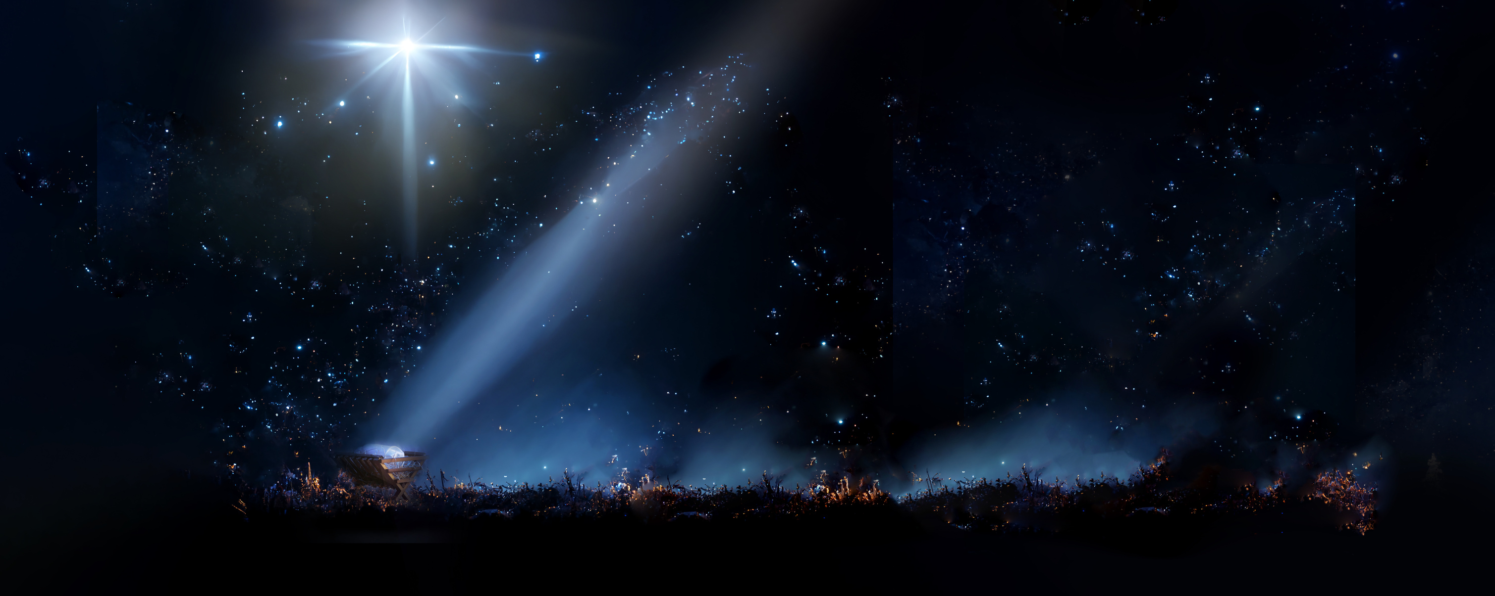 Christian Christmas Concept. Birth of Jesus Christ. Wooden Manger in Dark Blue Night. Banner, Copy Space. Nativity Scene. Jesus Is Reason for Season. Salvation, Messiah, Emmanuel, God with Us, Hope